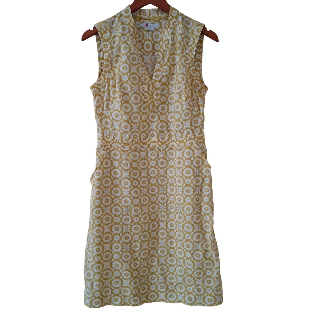 BODEN Linen Dress Size 10 Yellow Floral Sleeveless Shift Knee Length Women's M